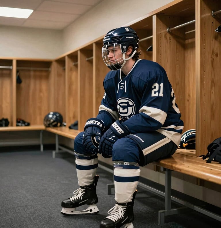 A focused collegiate hockey player in deep blue and off-white gear sitting on a locker room bench, North American / US Southern campus facility, modern lighting, athletic excellence mood.