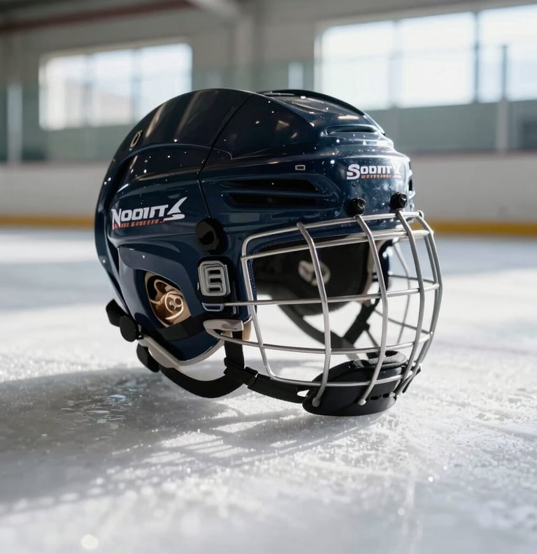 Close-up photography of professional hockey equipment including a dark navy helmet and protective gloves resting on a pristine white ice rink surface. Soft, natural light from arena windows filters in, creating a professional and athletic mood appropriate for a North American / US Southern university.