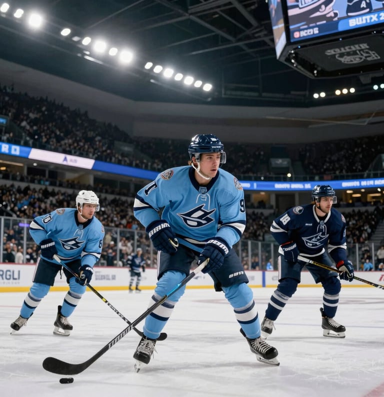 Action photography of a hockey game in a North American / US Southern arena, players in motion, light blue and navy blue jerseys, dynamic composition, dramatic overhead stadium lighting.