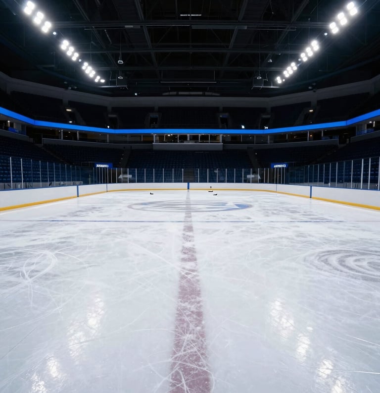Wide-angle photography of a pristine ice hockey rink in a North American / US Southern university arena, deep blue shadows on the ice, brilliant white stadium lighting, professional atmosphere.