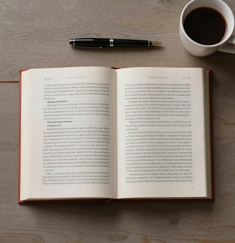 A top-down view of an open art history book on a taupe wooden table, with a fountain pen and a cup of coffee, creating a studious atmosphere.
