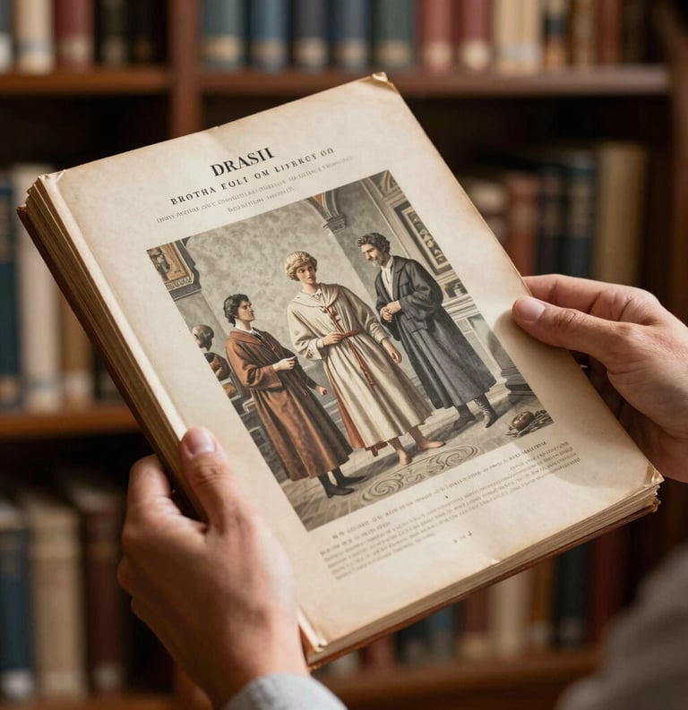 A close-up photography of a person's hands holding an antique Brazilian art catalog in a sunlit, elegant archive. The lighting is warm and natural, highlighting the texture of the old paper and the refined atmosphere of a South American cultural library. Palette colors: cream and warm grey.