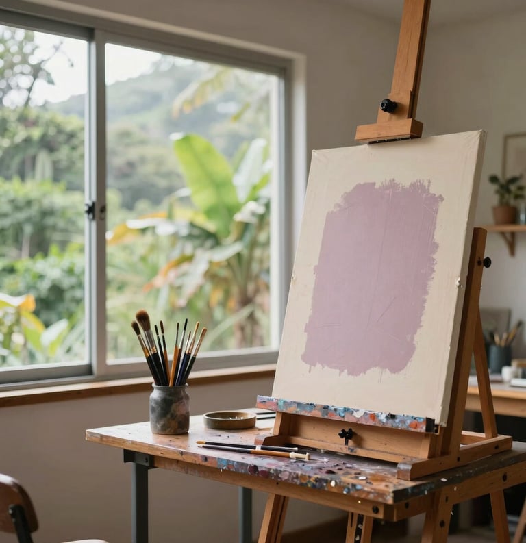 A bright and airy artist studio in South America, with large windows looking out to lush greenery. A wooden easel holds a canvas, and high-quality brushes are neatly arranged. The style is professional and stimulating, featuring a palette of muted mauve and cream.