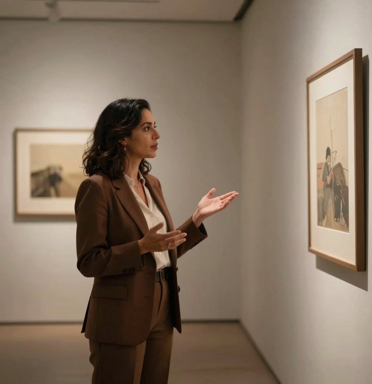 An elegant South American woman in professional attire gesturing towards a minimalist art installation in a high-end Brazilian gallery. The lighting is sophisticated, focusing on the dialogue between the educator and the space. Palette colors: earthy brown and espresso.