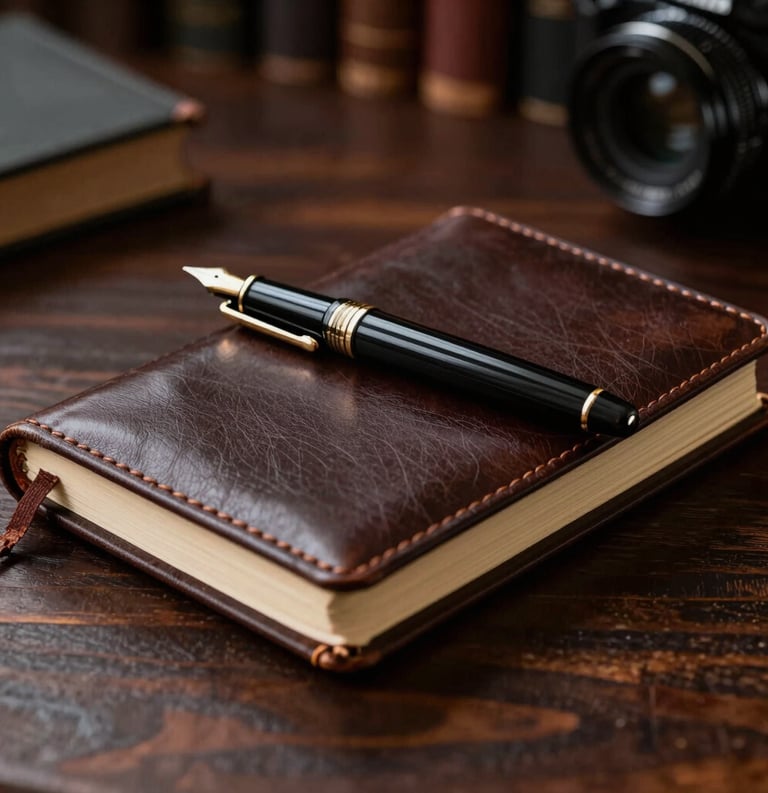 Close-up photography of a fountain pen resting on a leather-bound journal on a dark wooden table in a classic South American study room. Soft, focused lighting creates an intellectually stimulating mood. Palette colors: dark espresso and deep black brown.