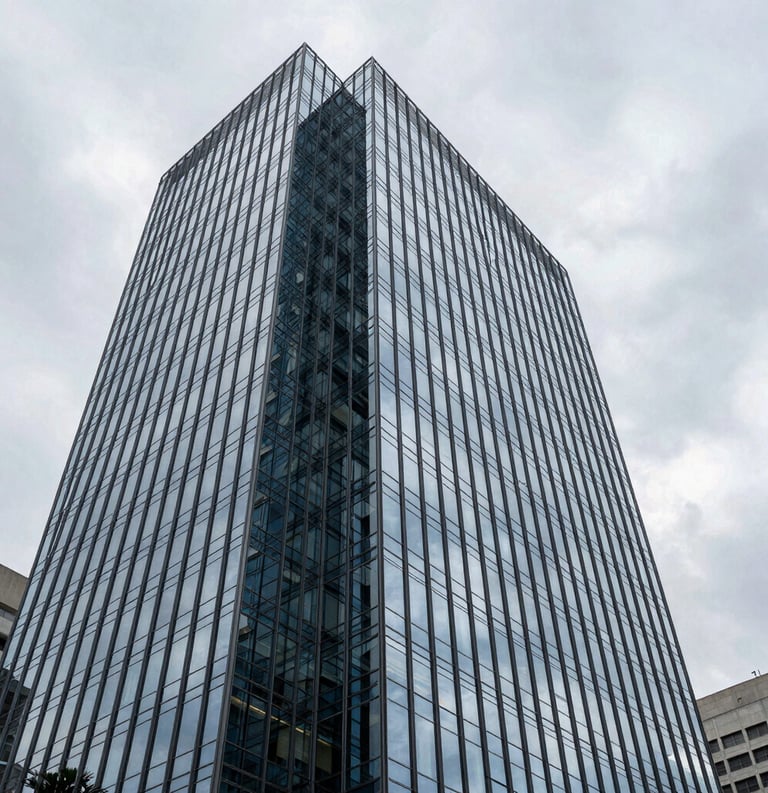 An architectural exterior shot of a sleek, glass-walled corporate building in Brazil, reflecting a light gray sky. The style is professional and modern, symbolizing corporate law and commercial strength. Sharp angles and professional lighting.