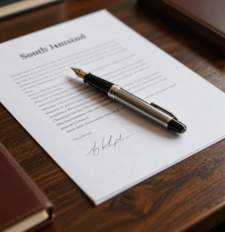 A close-up photograph of a luxury fountain pen resting on a signed legal contract, placed on a dark wood desk in a sophisticated South American law office. The lighting is soft and natural, emphasizing the professional and reliable atmosphere.