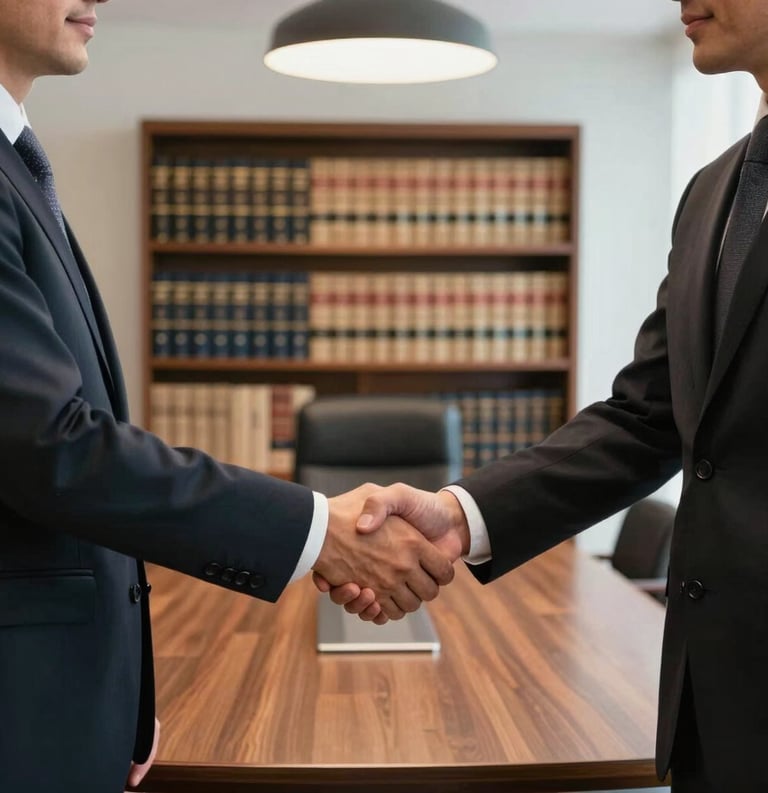 A medium shot of two professionals in formal business attire shaking hands in a bright, modern South American boardroom. The background shows a library of legal books, conveying reliability and expertise.