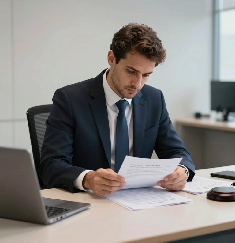 An indoor photograph of a lawyer in a dark navy suit reviewing documents on a clean, modern workstation. The atmosphere is quiet and focused, representing the specialized legal advice of a Brazilian law firm.