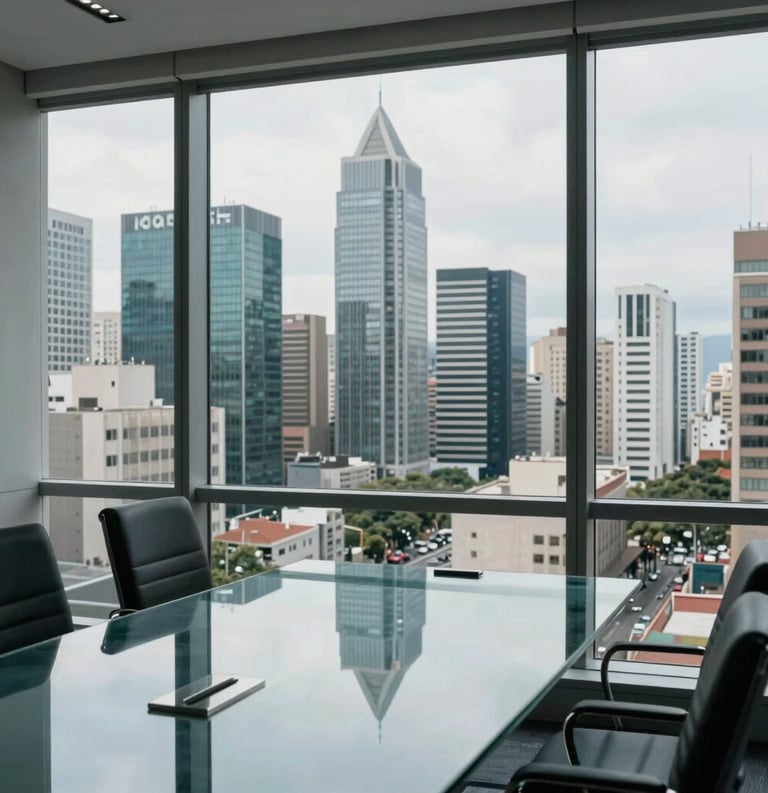 A high-angle view of a modern business district in a major South American city through a window of a sophisticated legal office. A glass meeting table reflects the light gray and medium blue colors of the professional environment.