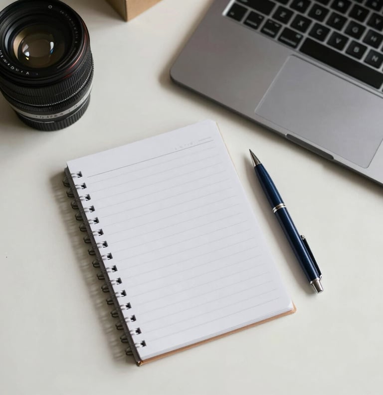 A top-down professional photography shot of an organized North American workspace with a clean notepad, a navy blue pen, and a high-quality laptop on an off-white desk. The lighting is soft and calm.