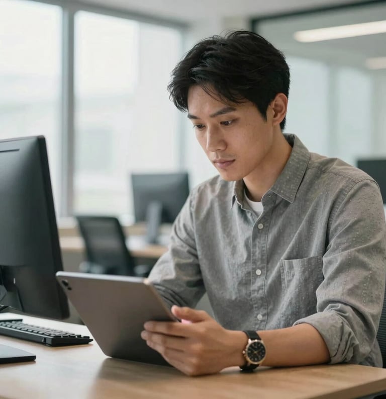 Photography of a professional individual in business casual attire working calmly in a bright, modern North American office. They are looking at structured data on a tablet with a neutral, focused expression.