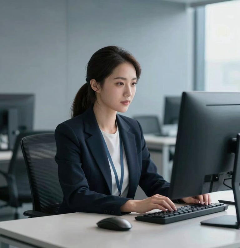 A professional woman sitting at a clean desk in a modern North American office, focusing on a monitor with calm concentration, surrounded by muted blue and grey tones.