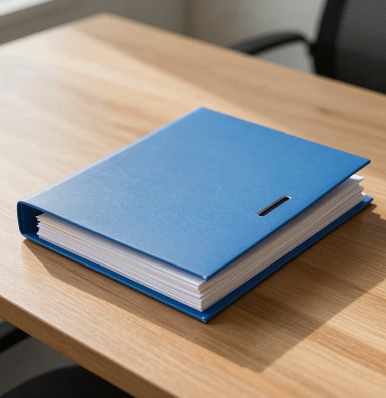 Photography of a professional blue document folder and a set of organized files resting on a clean wooden table in a North American business setting. Minimalist style with natural morning light.