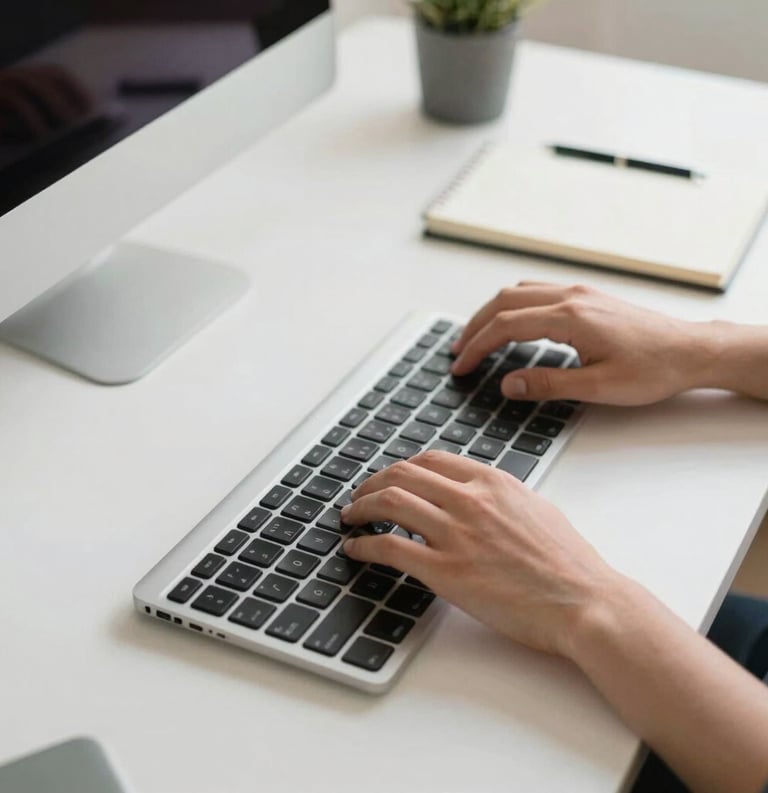 Photography of a clean, minimalist North American desk focused on hands typing on a modern keyboard next to a notebook. The scene is bright and conveys a sense of organized productivity and security.