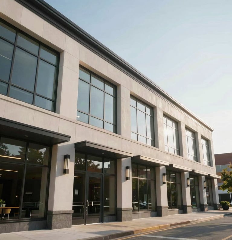 A low-angle exterior shot of a distinguished, modern community center in a North American metropolitan area. The architecture features clean lines and large windows, reflecting light in a professional and inspiring manner.
