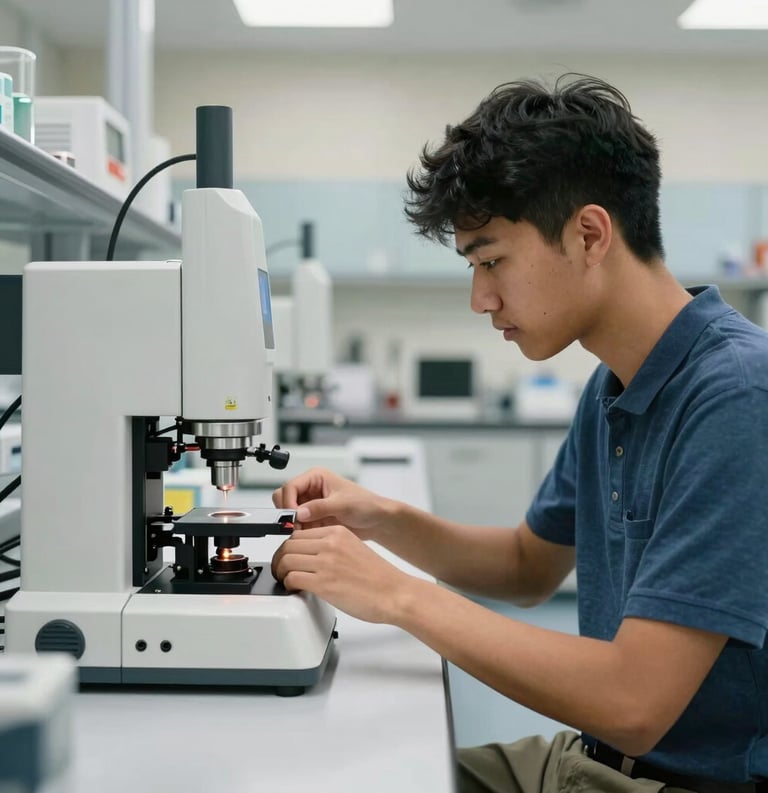 A focused North American student working in a high-tech vocational laboratory with modern precision equipment. The background is a clean, professional university setting with steel blue and off-white tones.
