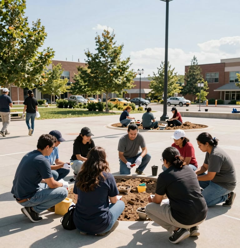 A wide shot of a group of North American citizens collaborating on a community infrastructure project in a bright, sunlit public square. The atmosphere is inspiring and displays a sense of shared purpose.