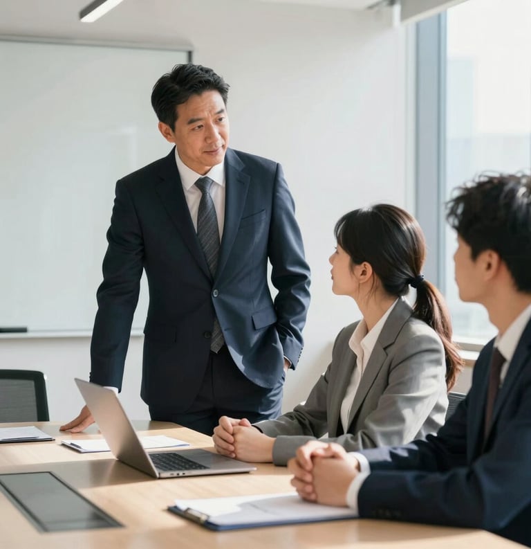 A professional North American mentorship scene where an experienced leader in a dark navy suit is talking to a young professional in a modern, sunlit corporate boardroom. Lighting is crisp and clean, reflecting a distinguished and authoritative mood.
