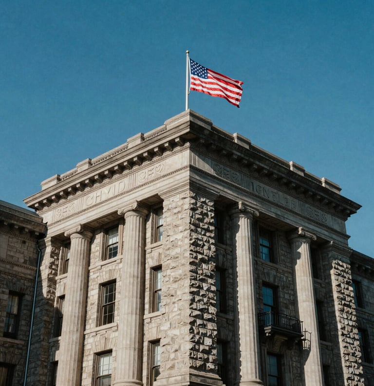 A low-angle shot of a distinguished stone foundation building with a North American flag, clear blue sky, majestic and permanent feel.