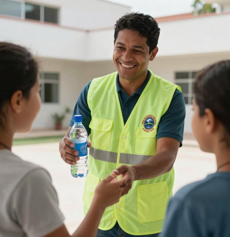 A South American / Brazilian volunteer wearing a seafoam green vest, smiling warmly while offering a bottle of water to a patient in a bright hospital courtyard, professional photography, natural lighting.