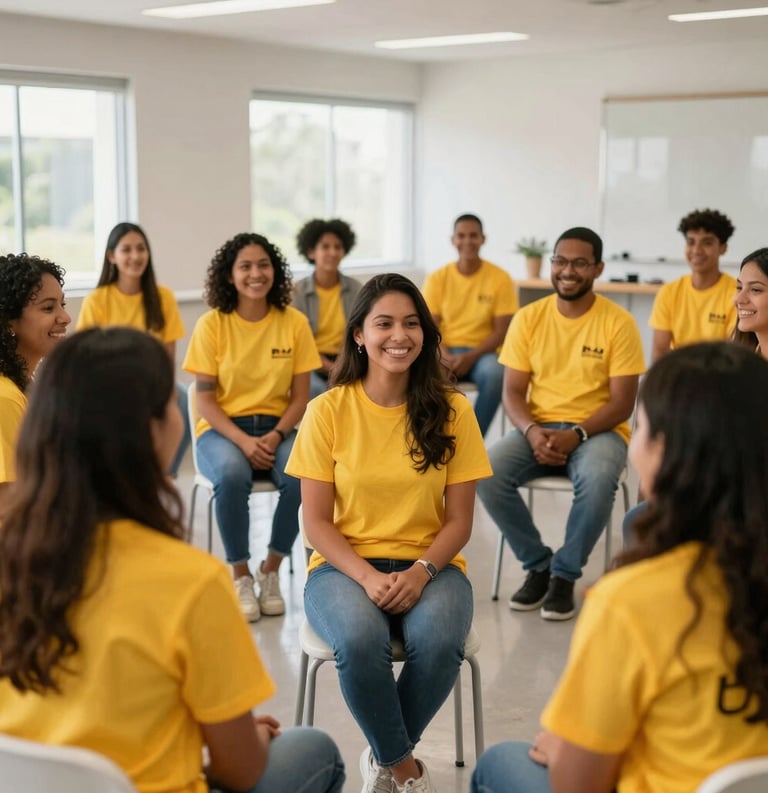 A group of diverse South American / Brazilian volunteers in golden yellow shirts during an empathy training session, smiling and engaged in a brightly lit modern community center.