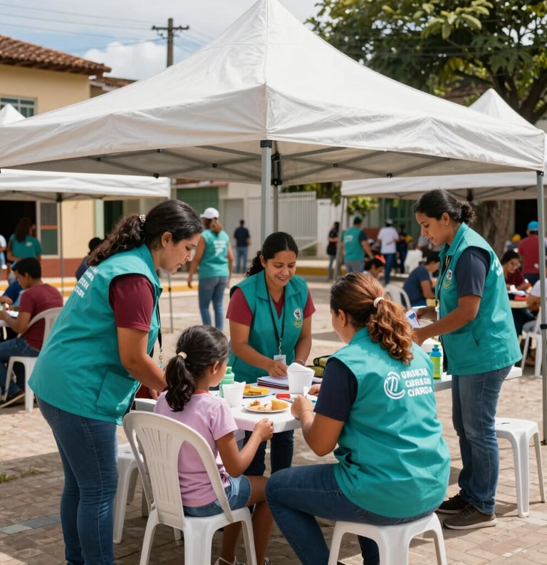 An outdoor community health event in a South American / Brazilian town square, volunteers in teal vests assisting local families under white tents, sunny day, hopeful atmosphere.