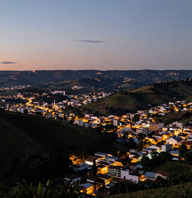 An outdoor shot of Teófilo Otoni landscape at dusk, showing the soft city lights and the surrounding hills of Minas Gerais, Brazil, in a professional cinematic style.