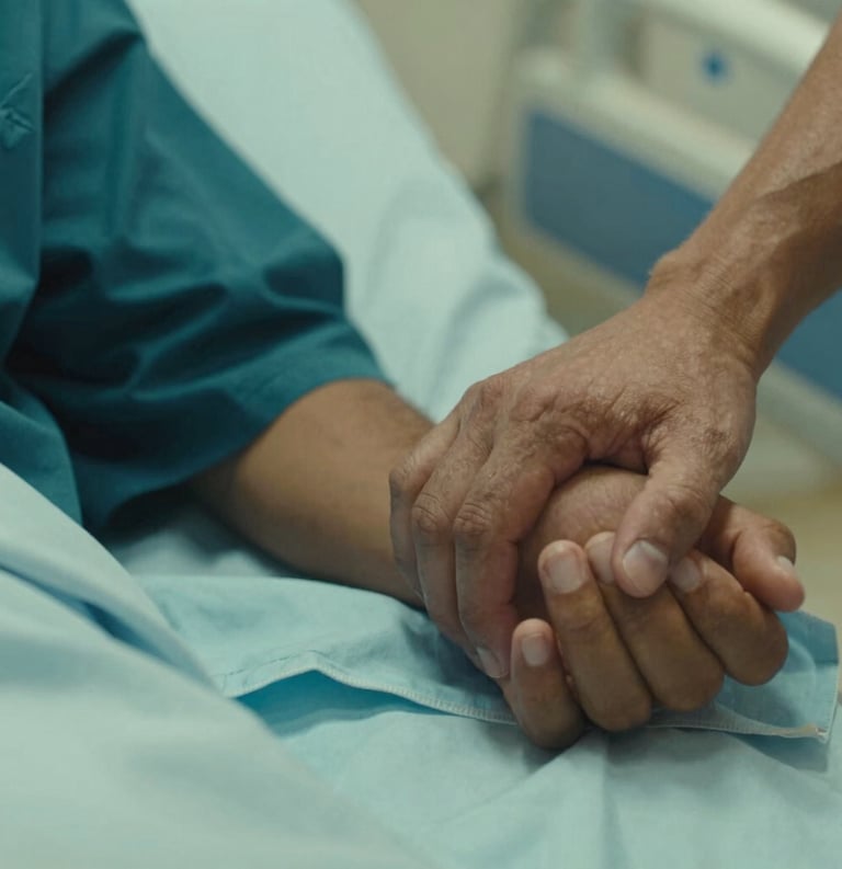 Close-up photography of a South American / Brazilian volunteer's hand gently holding a patient's hand on a hospital bed, soft lighting, warm and compassionate atmosphere, using dark teal and seafoam green tones.