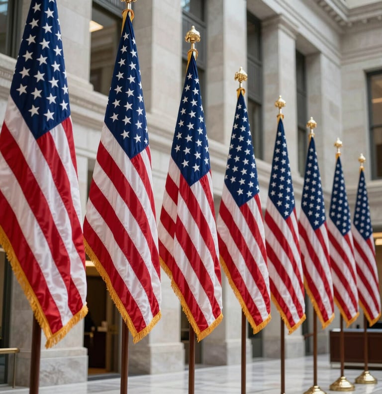 A photograph capturing a row of North American flags standing in a professional lobby of a federal building. The composition uses a low angle to convey authority, with the colors of dark blue and white dominating the clean, polished stone background.