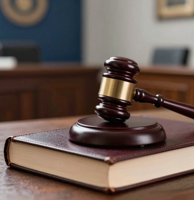 A close-up photograph of a classic wooden gavel resting on a leather-bound law book in a sunlit North American courtroom. The background is a soft-focus view of dark blue and light gray interior architecture, conveying a sense of integrity and authority.