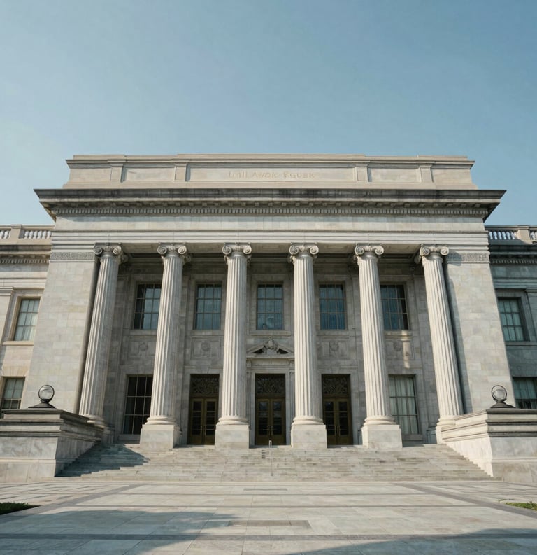 A wide-angle, professional architectural shot of a North American federal government building facade in Washington D.C. under a clear sky. The lighting is bright and clean, emphasizing the light gray stone pillars and the serious, accessible nature of the institution.