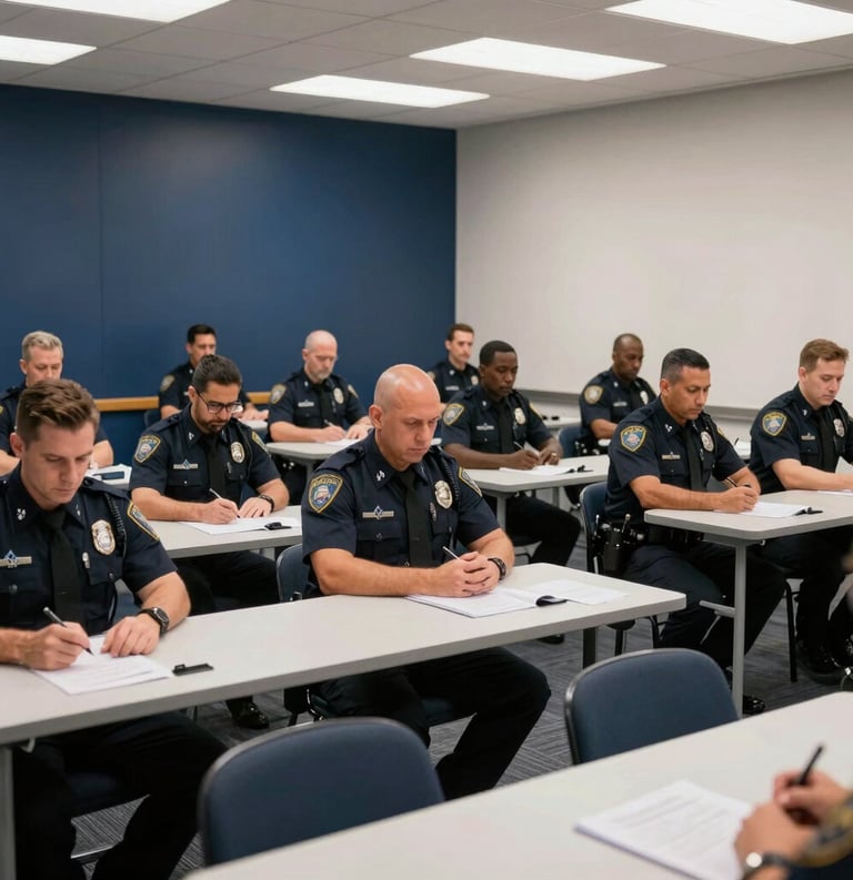 An interior shot of a professional training seminar for law enforcement officers in the US. The composition shows focused professionals seated at clean tables in a well-lit hall with dark blue and white walls, symbolizing transparency and knowledge sharing.