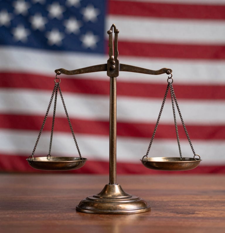 A close-up of a bronze scale of justice resting on a wooden desk, with a blurred US flag in the background, sharp focus, North American / US.