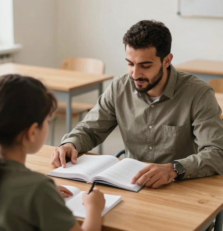 A supportive Middle Eastern / Anatolian male tutor sitting at a clean wooden desk with a student, focusing on an open textbook, warm and encouraging educational atmosphere, natural daylight.