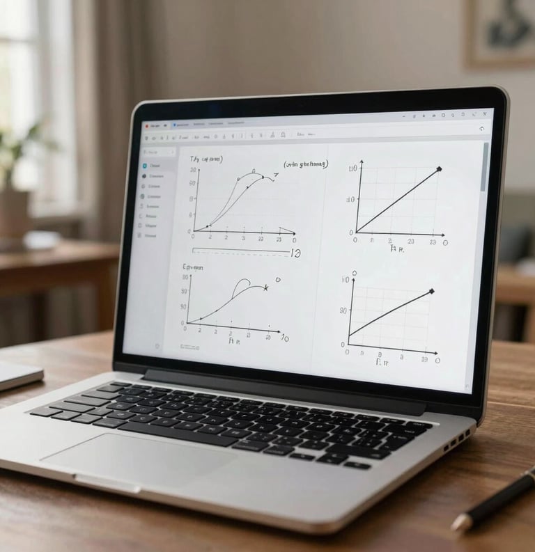 A modern laptop screen showing an interactive online whiteboard with mathematical graphs and functions, with a Middle Eastern / Anatolian home study environment in the blurred background.