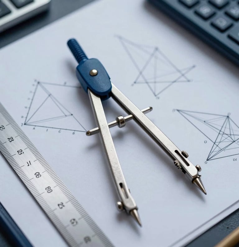 A high-quality studio close-up of geometric drawing tools, a compass, and a ruler on a blueprints of mathematical shapes, Middle Eastern / Anatolian professional desk setting with steel blue and dark blue accents.