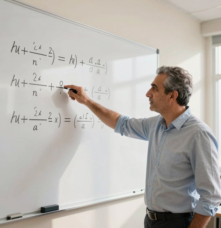 A professional Middle Eastern / Anatolian male teacher pointing at a complex mathematical equation on a clean white board in a modern sunlit classroom with off white and ghost white tones, soft professional lighting.