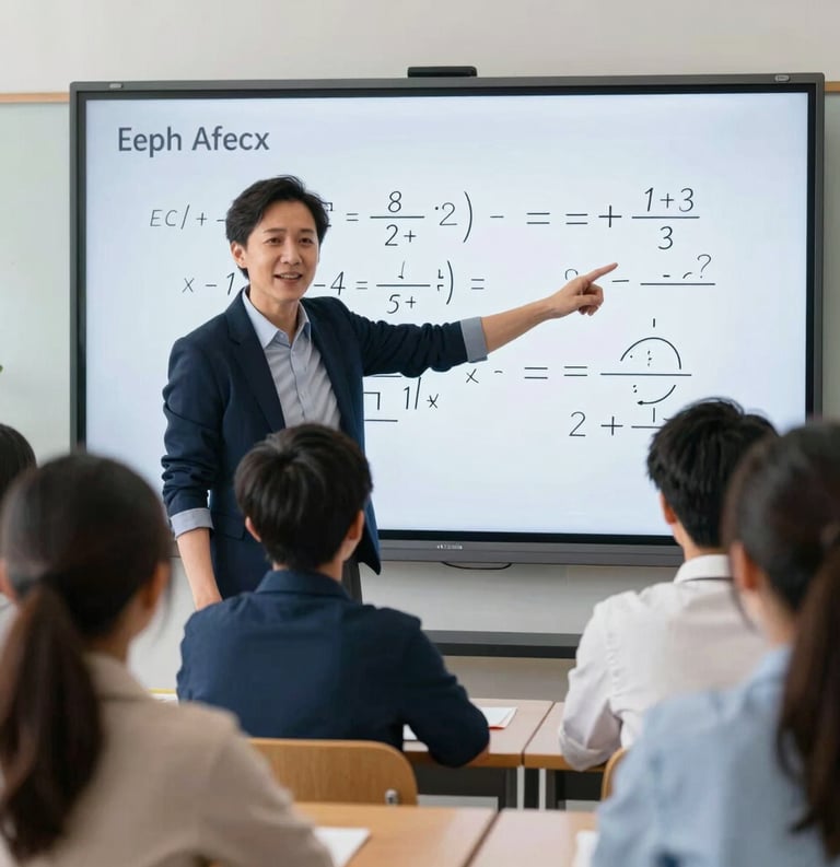 A lifestyle shot of a teacher pointing at a digital screen with math charts, engaging with a group of unseen students, professional and bright atmosphere, steel blue color palette.