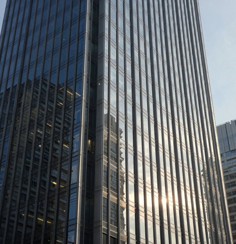 Architectural view of a modern skyscraper's glass facade reflecting the morning sun in a Global Business / Corporate financial district. Sharp angles, high contrast, and a sophisticated atmosphere in shades of navy and steel grey.