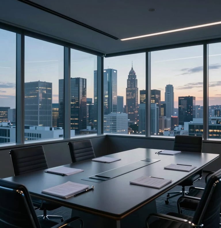 A high-end Global Business / Corporate boardroom with floor-to-ceiling windows overlooking a modern city skyline at dusk. The room is filled with dark navy and slate blue tones, emphasizing a professional, forward-thinking environment.