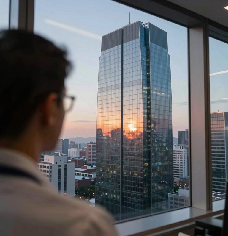 An over-the-shoulder shot of a researcher looking out over a modern city skyline from a high-rise office window, Global Business / Corporate, sunset colors reflecting in the glass.