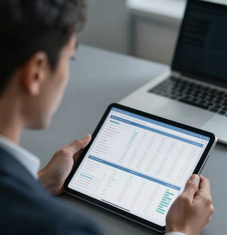 A close-up shot of a professional analyst in a Global Business / Corporate setting, looking thoughtfully at a tablet displaying clean, complex data visualizations. Soft, cool lighting with slate grey and midnight blue accents.