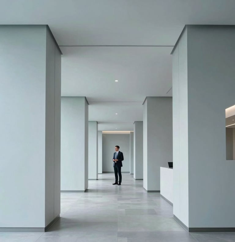 A minimalist, modern corporate lobby with clean lines and architectural depth. A professional figure in business attire stands in the background, representing leadership and strategic vision within a Global Business / Corporate context. Palette includes light grey and pale blue.