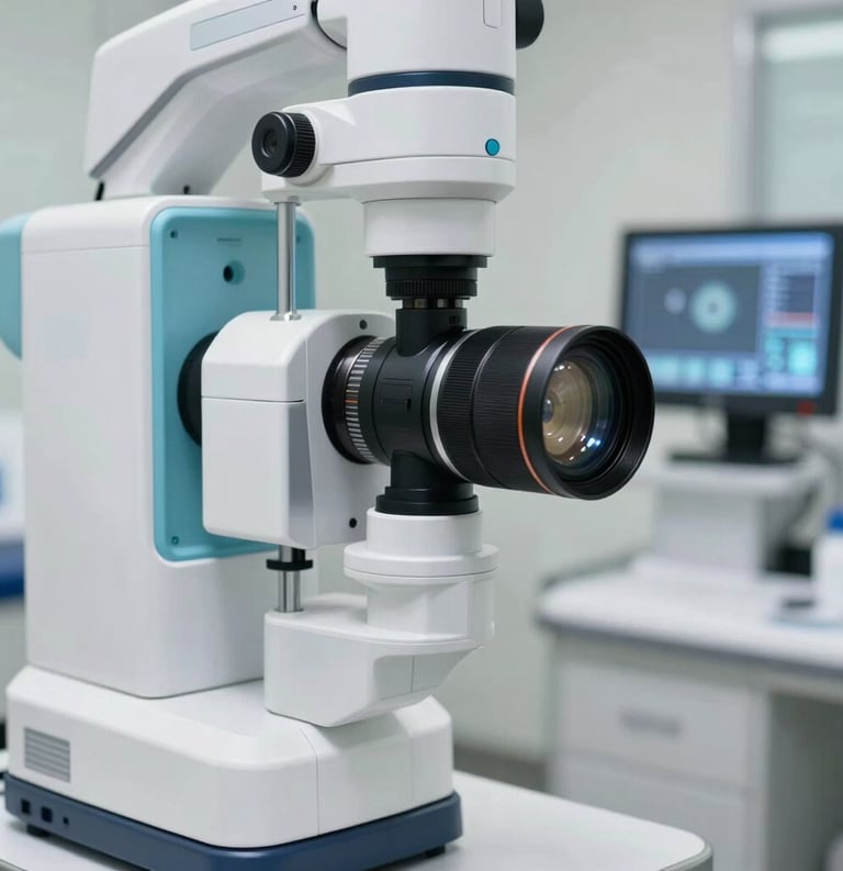 A high-tech optical diagnostic machine in a modern North American clinic in Indiana, capturing sharp focus on lens surfaces and digital interfaces. The lighting is bright and professional, utilizing a color palette of white, teal, and dark navy.