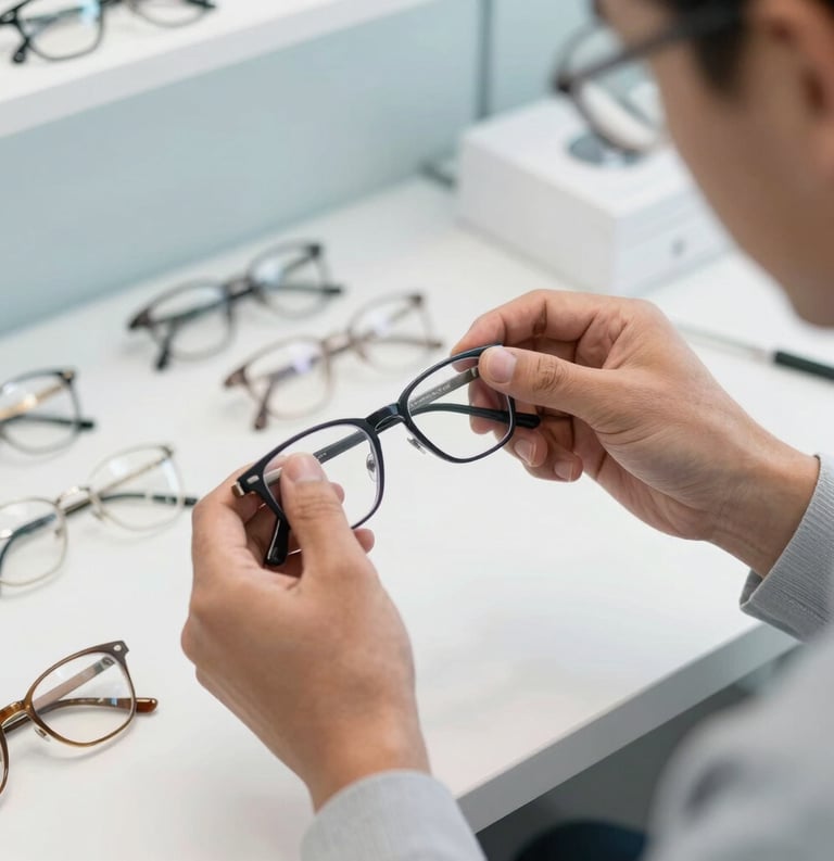 A professional optician in a clean, modern North American clinic in Indiana, meticulously adjusting the frames of high-quality eyeglasses with professional precision tools. The setting is bright and well-lit with soft natural light, featuring hints of light blue-grey and white.