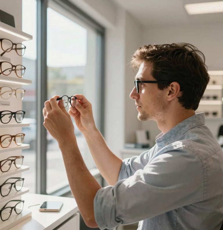A photograph of an optician assisting a patient with choosing glasses in a bright, modern Indiana retail clinic, natural sunlight streaming through windows.
