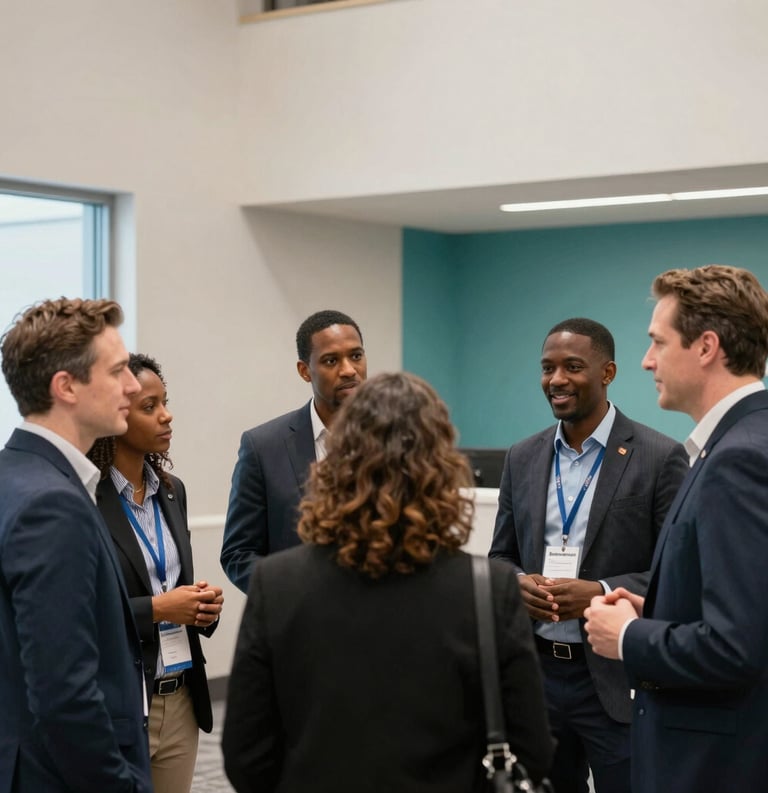 A group of diverse optical professionals in professional attire engaged in a friendly, collaborative discussion at an industry networking event in Indiana. The atmosphere is energetic and welcoming, featuring clean architecture and off-white and teal decor.