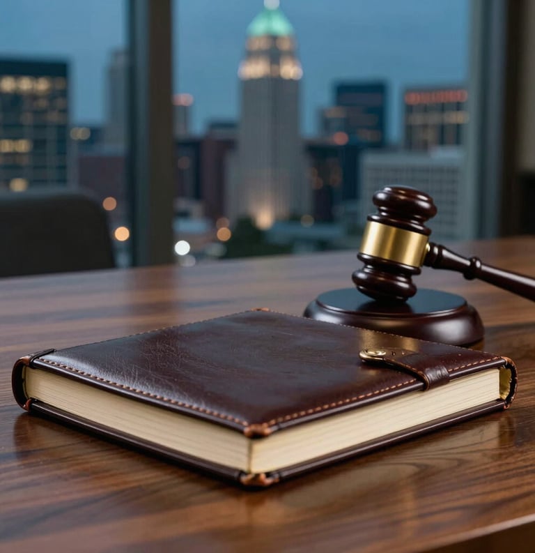 A professional conference setting in Indiana featuring a leather-bound notebook and a gavel on a polished wood table, representing advocacy and legal representation. The background shows a blurred view of a modern US city skyline with cool midnight blue and teal tones.