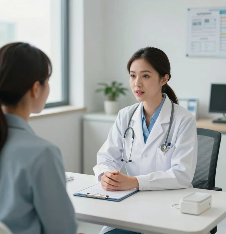 A warm and inviting doctor's consultation room in a modern Southeast Asian clinic. A female doctor is speaking kindly with a patient. The room is filled with soft natural light, featuring clean minimalist furniture in soft blue and white tones.